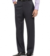 Smooth, smart and sophisticated. These flat front navy tic dress pants from Calvin Klein provide the perfect complement to your favorite dress shirts and ties.