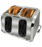 Your toast... and their toast, too! With dual independent controls, this 4-slice toaster lets you tackle two different tasks at once, so everybody has their toast just the way they love it. Plus, six browning settings put golden precision on your plate. 2-year warranty.