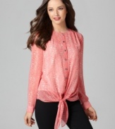 A herringbone print makes this DKNYC tie blouse perfect for adding a pop of color to your fall wardrobe!