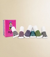 Six pairs of colorful, checkered, low-top socks, packaged in a cute gift box.80% cotton/17% nylon/3% spandexMachine washImported