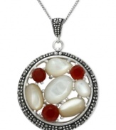 Stylish stones take center stage in Genevieve & Grace's sterling silver necklace and pendant. Carnelian (1-1/5 ct. t.w.), marcasite and mother of pearl (8-5/8 ct. t.w.) make a vibrant statement. Approximate length: 18 inches. Approximate drop: 1-5/6 inches. Approximate drop width: 1-1/8 inches.