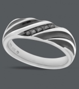 Intriguing design, perfect for your guy. This intricate men's ring features a swirling design accentuated by five, round-cut black diamonds (1/10 ct. t.w.) and black rhodium accents. Crafted in sterling silver. Size 10-1/2.