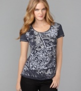 Make a statement effortlessly in this printed tee from Tommy Hilfiger! Scrolling designs and sequin embellishment add romance to this easy basic. (Clearance)