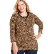 Capture the classic elegance of safari styling with Jones New York Signature's plus size henley top, featuring a leopard print.