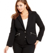 Smarten up your style with Baby Phat's one-button plus size blazer, accented by zip pockets.