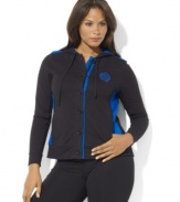 Lauren Ralph Lauren's soft cotton track jacket with a hint of stretch sports a buttoned front and bold color-blocked details for athletic appeal.