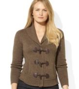 Knit in soft combed cotton, Lauren Ralph Lauren's heritage-inspired plus size cardigan is finished with a shawl collar and handsome fauxleather toggles at the placket