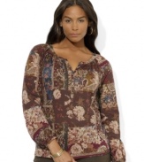 Antiqued brass buttons lend romantic flair to Lauren Ralph Lauren's light and airy cotton jersey plus size peasant top.