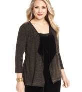 Shine this holiday season in Elementz' layered look plus size top, including a metallic cardigan and velvet inset.