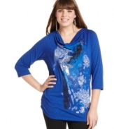 Snag a standout casual look with Style&co.'s three-quarter-sleeve plus size top, showcasing an embellished print.