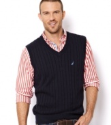 Go from basic to classic by simply layering on this handsome cabled sweater-vest from Nautica.