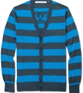 This tiger has earned his stripes: Sean John button-front cardigan, featuring a roaring tiger emblem on back.