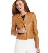 Ellen Tracy's faux-leather jacket features a sleek silhouette with quilted details. Pair it with anything from separates to dresses!