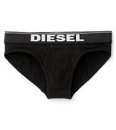 Diesel stretch briefs with a wide elasticized waistband and front logo.