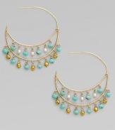 Delicate double hoops dangle tiny beads of turquoise, cultured pearls and 18k gold in this delightful design.Turquoise Cultured pearls 18k and 14k yellow gold Diameter, about ½ Post back Imported