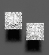 Stunning squares of princess- and round-cut diamonds (1/2 ct. t.w.) make an elegant statement. Stud earrings set in 14k white gold.