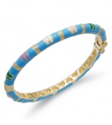 Flights of fancy. This pretty and petite children's bangle features blue and multicolored enamel butterflies on an 18k gold over sterling silver bangle. Bracelet secures with a hinge clasp. Approximate diameter: 2 inches.