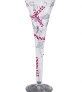 A flute fit for royalty, this Lolita champagne glass shimmers with rhinestones, crowns and decadent platinum essentials. Hot-pink writing screams princess from top to bottom. A bubbly cocktail recipe adorns its base.