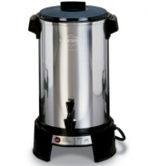 Bring on the crowds! This 36-cup capacity coffee urn makes a cup per minute, so you're ready to entertain when they arrive. With automatic temperature control and a serving indicator light, this coffee maker is a must-have for group events, parties and other get-togethers, ensuring that every cup is served steaming and everyone has their fill. 1-year warranty. Model 43536.