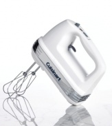 New in the mix from Cuisinart. Enjoy the power of 9-speed hand mixer equipped with handy attachments and its very own snap-on storage case. It's time to whip up fluffy meringues, knead some dough, clean it up and go! SmoothStart(tm) feature with 3 low mixing speeds eliminates splattering. Three-year limited warranty. Model HM-90S.