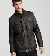 A field jacket in ultrasoft lambskin leather, designed by John Varvatos Star USA.