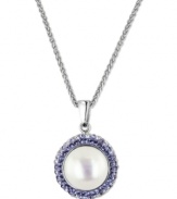 A contemporary classic. This sterling silver necklace features a cultured freshwater pearl (10-11 mm) pendant surrounded by tanzanite colored crystal (3/4 ct. t.w.), amethyst colored crystal (1/2 ct. t.w.) and crystal (5/8 ct. t.w.) for a stunning effect. Approximate length: 18 inches. Approximate drop length: 1 inch.