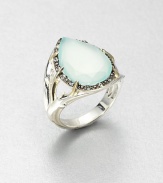 A faceted aqua chalcedony stone surrounded by dazzling white sapphires in a goldtone plated sterling silver setting. Aqua chalcedonyWhite sapphiresSterling silverGoldtone sterling silverWidth, about .8Imported