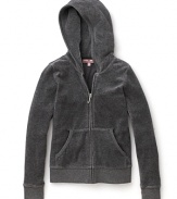 This plush velour Juicy Couture hoodie in cool grey features a Choose Juicy metallic logo bursting at back and a cozy kangaroo pocket.