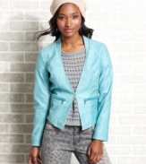 Buttery to the touch and sporting a slight asymmetrical hem, this faux-leather jacket from Dollhouse mixes blazer style with moto cool.