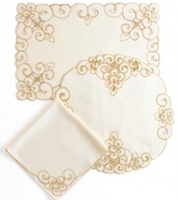 Swirling blooms embroidered in white or gold cut beautifully into Lancelot placemats for decor in need of old-world elegance. A scalloped edge echoes the classic motif as it scrolls around your place setting.