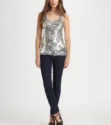 Glittering sequins swirl over the mesh front of this scoopneck tank for a look that's simply-dazzling.ScoopneckWide strapsSequined mesh frontAbout 27 from shoulder to hemFront: 50% viscose/45% rayon/5% lycraBack: rayonDry cleanImportedModel shown is 5'9 (175cm) wearing US size Small.