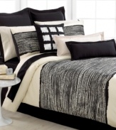 Black and white and chic all over. The Brushstroke sheet set from Echo brings bold modern style to the bedroom in pure, 300 thread count cotton sateen. The fitted sheet features solid black while the flat sheet and pillowcase boast bright white with a black hem.