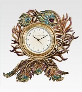 Swirling peacock feathers, in gloriously colored enamel and jewel-toned Swarovski crystals, surround an elegant clock for a luxurious accent on a mantle or night table.Quartz movementEnamel and crystalHandmade, hand-enameled and hand-set4.75L X 4.25H X 3DMade in USA