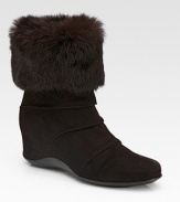 EXCLUSIVELY AT SAKS. Banded weatherproof suede with inside rubber wedge and luxe rabbit fur cuff. Covered inside wedge, 2 (50mm) Shaft, 8 Leg circumference, 13 Rabbit-fur cuff Weatherproof suede upper Breathable microfiber lining Rubber sole Padded insole Imported