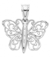 An iconic symbol of renewal, this intricate butterfly charm reminds its wearer that true beauty is found within. Intricately crafted 14k white gold charm that features a satin finish and diamond cuts. Chain not included. Approximate drop length: 4/5 inch. Approximate drop width: 4/5 inch.