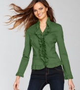 Ruffles adorn this charming jacket from INC. Sleek ponte knit ensures this piece is wearable the whole year round.