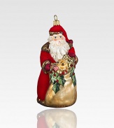 This elegantly robed vintage-style Santa of expertly mouth-blown, hand-painted glass shimmers with touches of gold and glitter.Glass9H X 4.5W X 4.5DImported