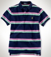 Designed for a comfortable, classic fit from breathable cotton mesh, a handsome short-sleeved polo shirt is finished with a preppy striped pattern.