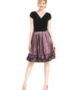 SL Fashions' petite dress is party-ready with ruching, a full pleated skirt and pretty applique detail at the hem.