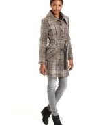 Sport this classic streamlined DKNY walker coat featuring a chic textured plaid design. A removable belt flatters your waistline and chic faux leather details add style to your look!