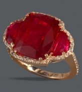 You've never seen crimson this chic! Effy Collection's knockout cocktail ring features a large, faceted ruby gemstone (12-5/8 ct. t.w.) edged by a round-cut diamond halo and diamonds at the shoulders (3/8 ct. t.w.). Set in 14k rose gold.