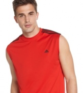 Hit the gym with the cool confidence of this Climalite sleeveless tee from adidas designed with moisture wicking technology to keep you dry so you can stay in the zone.