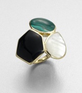 From the Polished Rock Candy Collection. A cluster of three, contrasting semi-precious stones in various shapes set in radiant 18k gold. Malachite, black onyx and mother-of-pearl18k goldImported