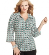 Get on trend with Alfani's chic geometric-print plus size top. A colorful addition to any wardrobe, and great for layering with cardigans and jackets too!