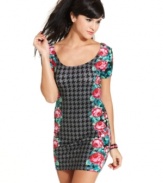 Rock mixed graphics for a look that's all about visual flair! Houndstooth print joins forces with colorful florals on this super-cute bodycon dress from Material Girl.