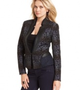 With rich brocade and faux-leather trim, this W118 by Walter Baker blazer is super chic for a stylish layered look!