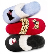 You'll love walking around in these cute little slippers by Charter Club. They feature adorable applique characters on the top and contrasting trim.