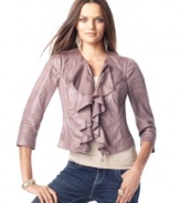 INC's cropped jacket makes just the right mix of tough and tender. Soft ruffles in front offset the edgy coated fabric.