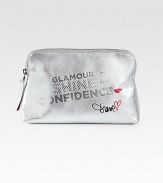 A metallic leather style with a cheeky mantra, perfect for all your beauty products.Top zip closureOne inside zip pocketTwo inside open pocketsFully lined8¾W X 5½H X 2¾DImported