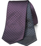 A sateen silk tie with a modern check pattern allover, from BOSS Black.